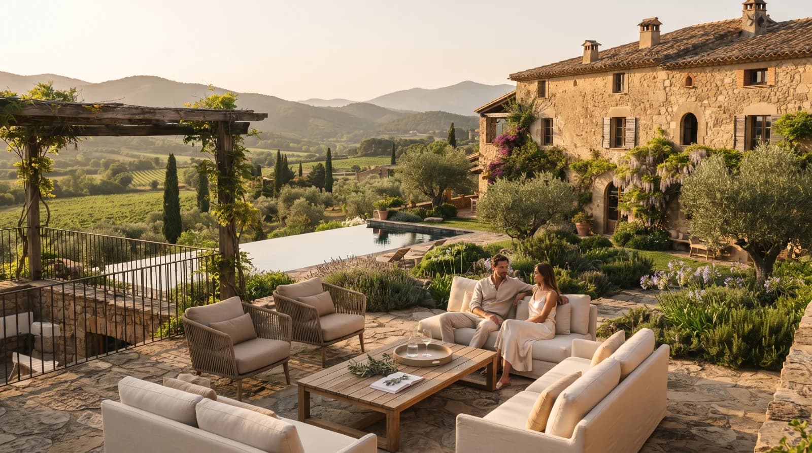 Cinematic architectural photography of a luxury modern minimalist villa in Catalonia, soft golden hour sunlight, raw stone and glass textures, high-end editorial style, photorealistic, 8k --ar 16:9