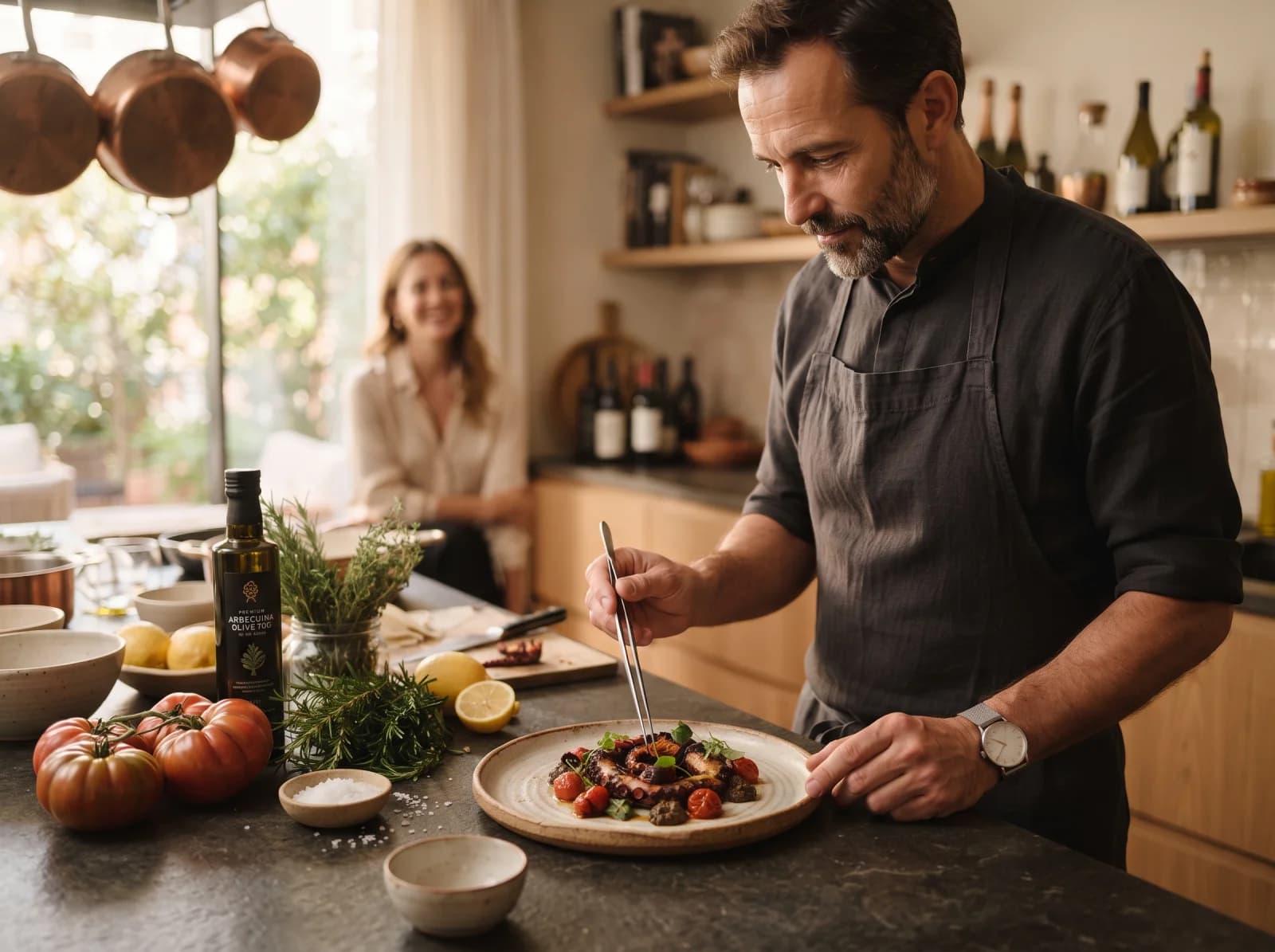 High-end organic culinary masterclass in an upscale Catalan country estate, professional chefs guiding executives, elegant rustic kitchen, cinematic lighting, shallow depth of field, architectural digest style --ar 4:3