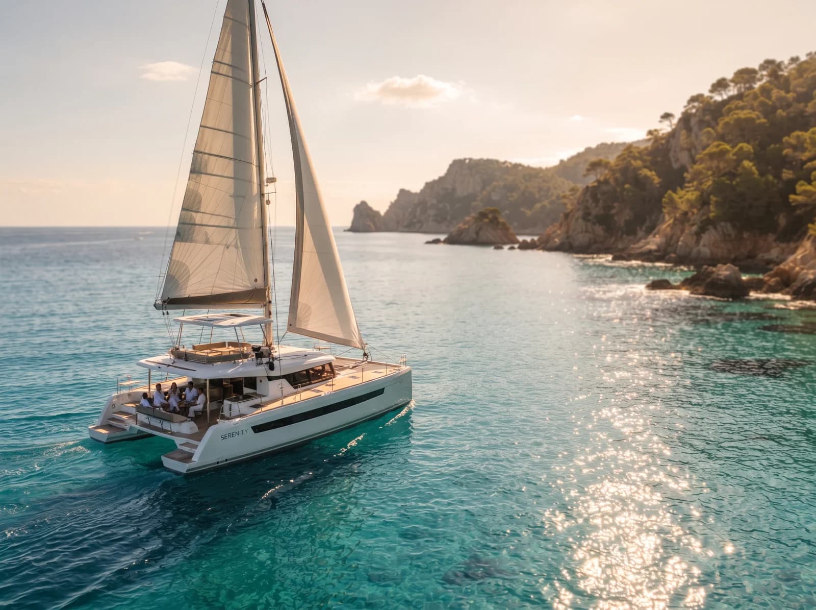 Minimalist corporate yachting along Costa Brava coastline, sleek luxury yacht on crystal turquoise water, golden hour sunlight, exclusive lifestyle photography, architectural digest style, photorealistic --ar 4:3